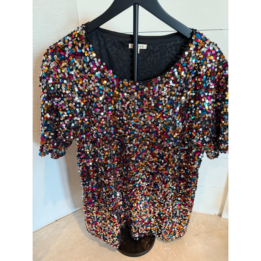 Jodifl Multicolor Sparkle‎ Sequin Short Sleeve Party Top Size Large